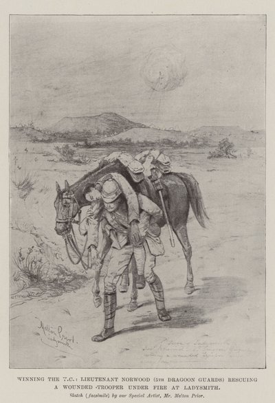 VC'yi kazanan Teğmen Norwood (5. Süvari Muhafızları), Ladysmith'te Ateş Altında Yaralı Bir Asker'i kurtarıyor by Melton Prior