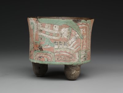 İki gözlüklü figürlü silindirik üç ayaklı kap, c.A.D. 400?650 (seramik, sıva ve boya) by Mesoamerican Mesoamerican
