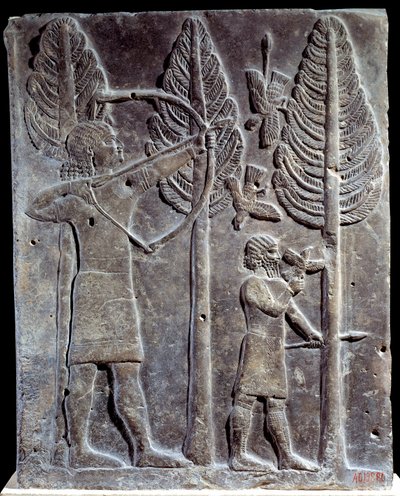 Kuş avı sahnesi. Sargon II veya Sharroukin, Asur Kralı Sarayı'ndan Horsabad'a (Khunsabad) (Mezopotamya), Irak'a albasterde alçak kabartma. 722-705 M.Ö. Paris. Louvre müzesi by Mesopotamian Mesopotamian