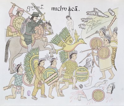 İspanyollar ve Aztekler arasındaki Michoacan Muharebesi, bir Meksikalı Kızılderili resim tarihinin tıpkıbasımından çizim, yaklaşık 1550, 1892 tarihli Lienzo de Tlaxcala by Mexican School