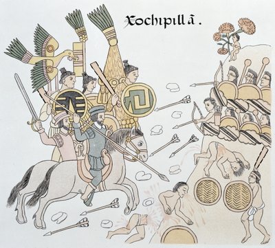 İspanyollar ve Aztekler arasındaki Xochipilla Muharebesi, bir Meksikalı Kızılderili resim tarihinin tıpkıbasımından çizim, yaklaşık 1550, 1892 tarihli Lienzo de Tlaxcala by Mexican School