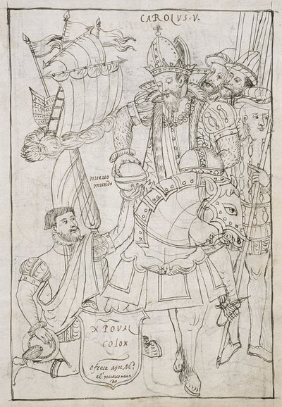 Ms Hunter 242 f.249r Christopher Columbus (1451-1506) Yeni Dünyayı Sembolik olarak Charles V