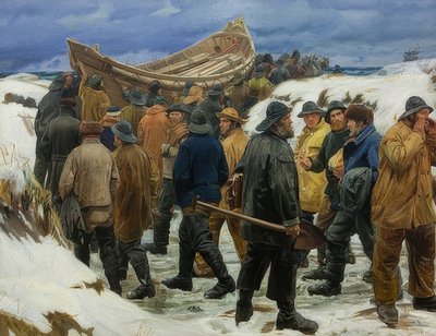 Cankurtaran sandalı kum tepelerinin içinden geçiyor. 1883 by Michael Peter Ancher