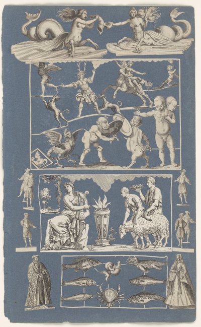 Mavi kağıttan bir albüm sayfasına yapıştırılmış kesilmiş baskılardan oluşan kolaj Doğa harikaları by Michael Snijders (attributed to)