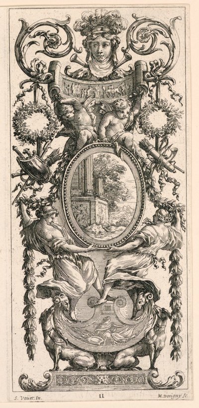 Yapraklarla çevrili bir Baş ile Üstü Süslü Panel, Livre de Diverses Grotesques peintes dans le Cabinet et Bains de la Reyne Regente, au Palais Royale