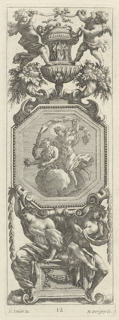 İki Putti ve Vazo Üstü Süs Panosu by Michel Dorigny, after Simon Vouet