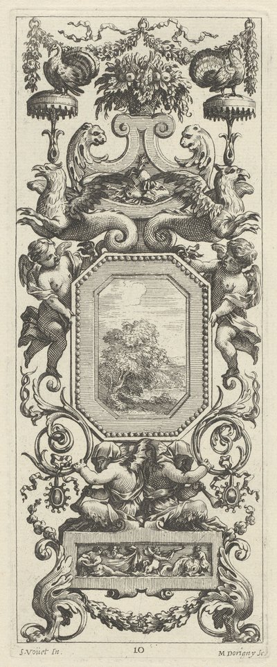 Bir Çiçek Sepeti ve Bir Çelenk ile Üstte Süs Paneli by Michel Dorigny, after Simon Vouet