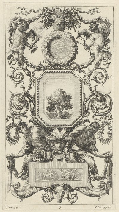 Aşk tanrısı ve kızlık zarı ile bir çiçek sepeti ile süslenmiş süs paneli by Michel Dorigny, after Simon Vouet