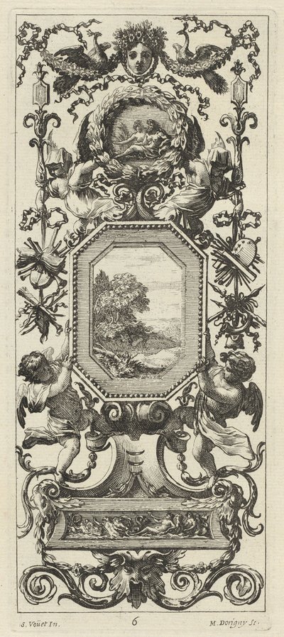 Bir Kadın ve İki Tavus Kuşunun Taçlı Başının Üstü Üstte Oturduğu Süs Paneli by Michel Dorigny, after Simon Vouet