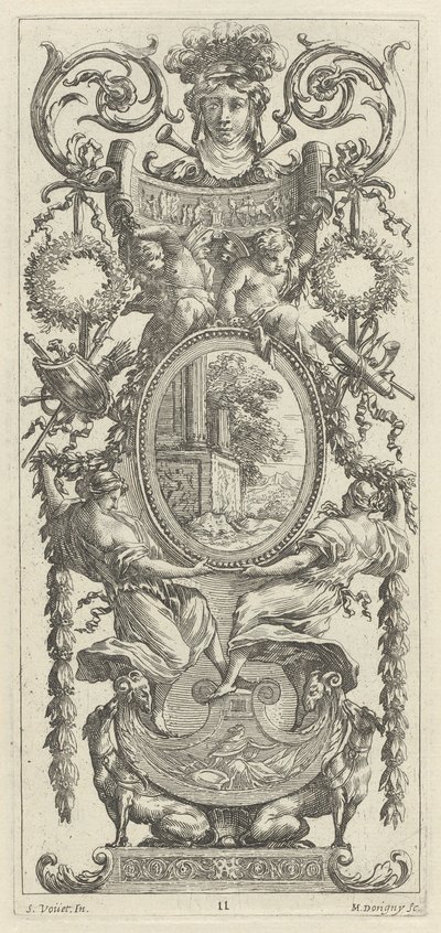 Yapraklarla çevrili bir kafa ile süslenmiş süs paneli by Michel Dorigny, after Simon Vouet