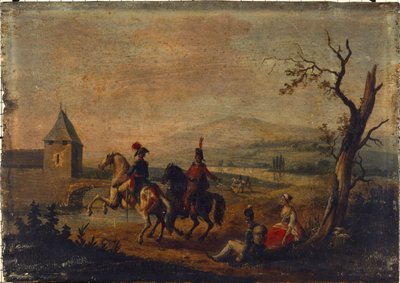 Manzarada askerler, 1751-1800 yılları arası (ahşap üzerine yağlıboya) by Michel Duplessis