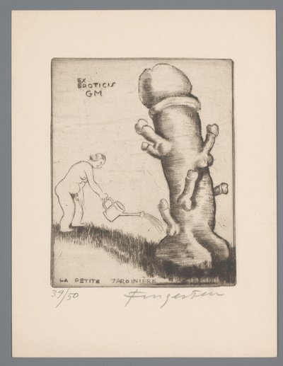 Exlibris van Gianni Mantero Ex eroticis GM (nesne üzerine başlık) La petite jardinière (nesne üzerine başlık) by Michel Fingesten (signed by artist)