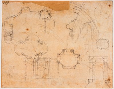 Sforza Şapeli için bina planları, görünüşler ve kubbe eskizleri by Michelangelo Buonarroti