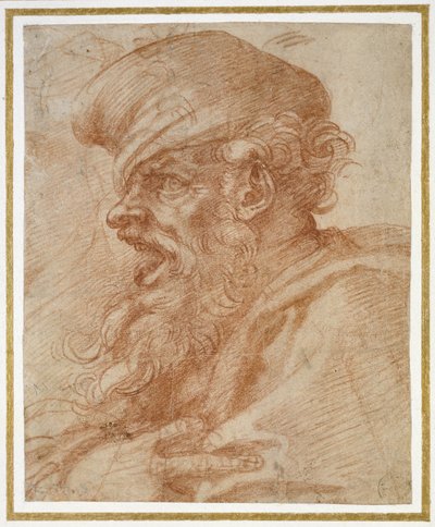 Bağıran Sakallı Bir Adamın Başı, c.1525 (kağıt üzerinde kırmızı tebeşir) by Michelangelo Buonarroti