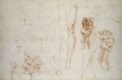 Herkül ve Antaeus ve diğer Çalışmalar, c.1525-28 (kağıt üzerinde tebeşir) by Michelangelo Buonarroti