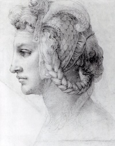 İdeal Kadın Başı, c.1525-28 (kağıt üzerine siyah tebeşir) by Michelangelo Buonarroti