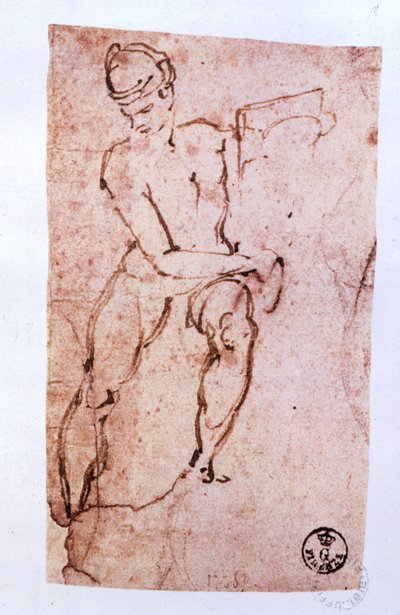 Sistine Şapeli Tavanı (1508-12): Bir havarinin taslağı (kalem ve kahverengi mürekkep) by Michelangelo Buonarroti