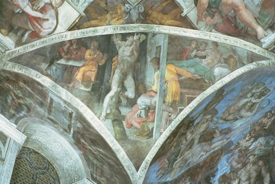 Sistine Şapeli Tavanı: Haman (pandrel) (restorasyon öncesi) by Michelangelo Buonarroti