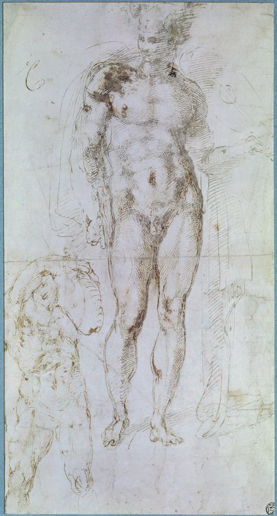 Omuzlarında bir pelerin ve bir yük taşıyan bir adam figürü ile çıplak duran Apollo (eski adıyla Merkür) için çalışma by Michelangelo Buonarroti