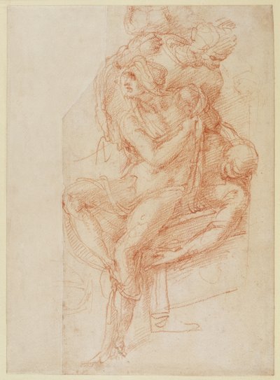 Lazarus ve iki Refakatçi Figürü Çalışması (kağıt üzerinde kırmızı tebeşir) by Michelangelo Buonarroti
