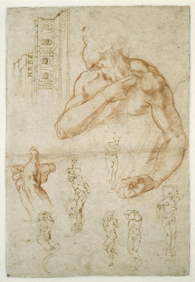Libya Sibyl'in Yardımcı Figürü Çalışması, c.1512 (kağıt üzerine kırmızı tebeşir ve kalem) by Michelangelo Buonarroti