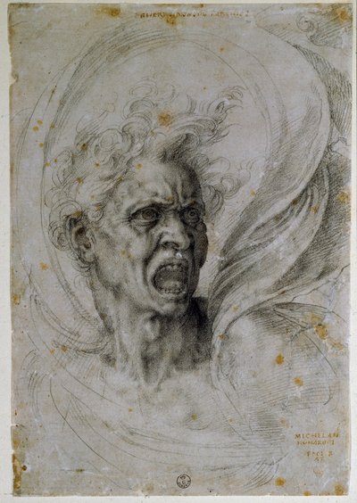 Çığlık atan bir adamın kafasını incelemek. Michelangelo Buonarroti tarafından Michel Ange veya Michelangelo veya Michelangelo (1475-1564) olarak bilinen çizim. Floransa, Uffizi Müzesi (Floransa, Uffizi