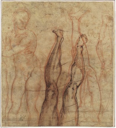 The Risen Christ, bir bacak ve bir ayağın çalışmaları üzerine çizilmiş üç çeyrek uzunlukta çıplak by Michelangelo Buonarroti