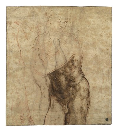 Risen Christ, sağa doğru aşağı bakan üç çeyrek uzunlukta çıplak by Michelangelo Buonarroti