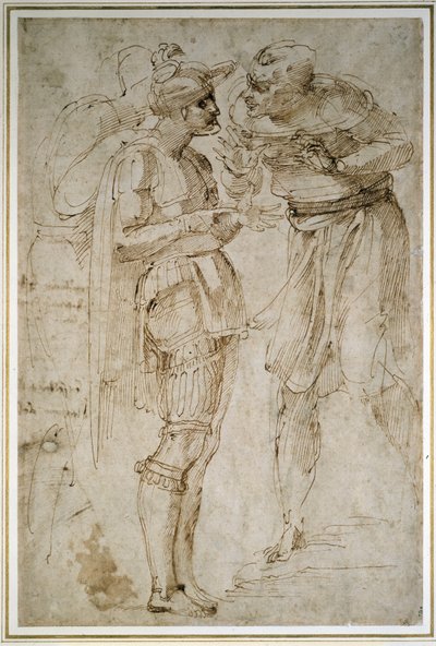 Konuşmada Üç Adam (kağıt üzerinde kalem ve kahverengi mürekkep) by Michelangelo Buonarroti