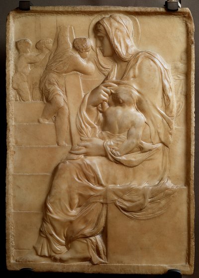 Merdivenlerde Bakire (Madonna della Scala) Michelangelo Buonarroti dit Michel Ange (Michelangelo veya Michelangelo) tarafından alçak mermer kabartma by Michelangelo Buonarroti