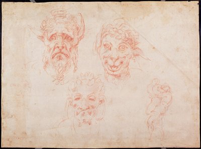 W.33 Satirlerin yüzlerinin eskizleri (kağıt üzerinde kırmızı tebeşir) by Michelangelo Buonarroti