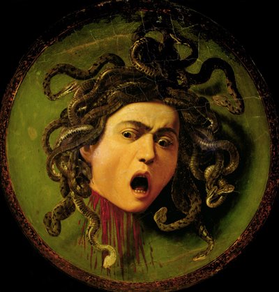 Deri mızrak dövüşü kalkanı üzerine boyalı Medusa, 1596-98 civarı (ahşap üzerine tuval üzerine yağlıboya) (restorasyon öncesi) by Michelangelo Merisi da Caravaggio