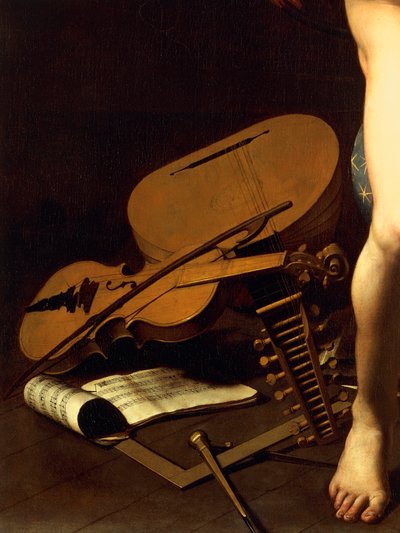 Müzik aletlerinin temsili, Amor Victorious detayı, c.1602 (tuval üzerine yağlı boya) by Michelangelo Merisi da Caravaggio