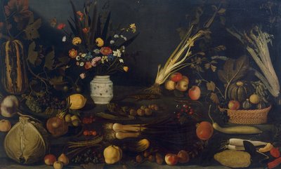 Çiçeklerin ve bitkilerin natürmortu (tuval üzerine yağlı boya) by Michelangelo Merisi da Caravaggio