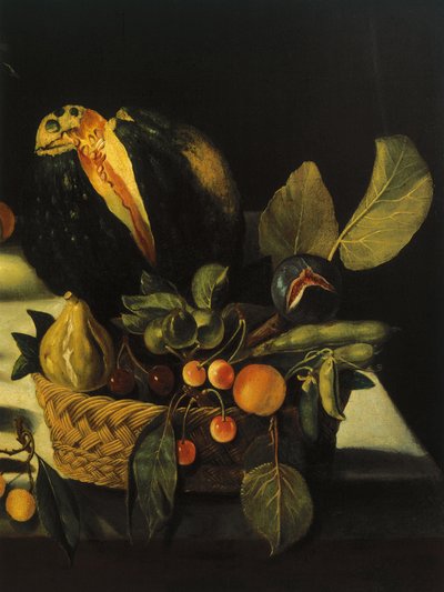 Çiçekler ve meyvelerle natürmort, Master of the Hartford Natürmort, c.1600-10 (tuval üzerine yağlı boya) (507174 detayı) by Michelangelo Merisi da Caravaggio