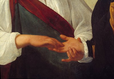 Müvekkilin elini temsil eden falcı Detayı, avucunun satırlarını okuyan kadının elinin içinde uzanmıştır. Resim Michelangelo Merisi da Caravaggio dit Le Caravaggio (yaklaşık 1571-1610) Güneş. 0,99x1,31 m by Michelangelo Merisi da Caravaggio