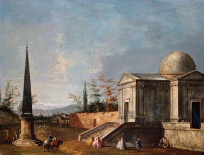 Kubbeli Klasik Kilise Önünde Zarif Figürler, Solda Bir Dikilitaş by Michele Marieschi
