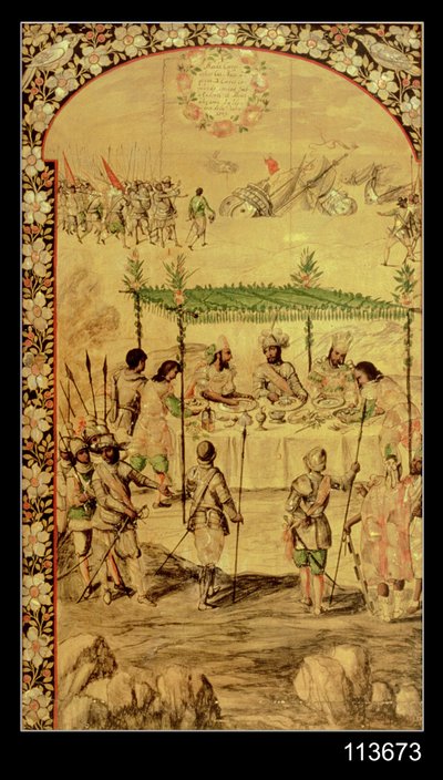 Meksika'nın Fethi: Hernando Cortes (1485-1547) Gemilerin İmha Edilmesini Emr eder ve Montezuma Elçileri (1466-1520) ile 1520'de Buluşur by Miguel and Juan Gonzalez
