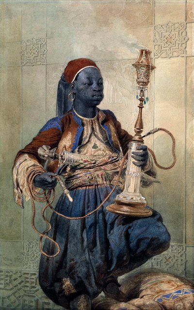 ""Portrait de nubien a la pipe a eau"" (Nubian, Nargile ile) Aquarelle de Mihaly Zichy (1827-1906) 1862 Dim 49,5x31 cm Özel Koleksiyon by Mihaly von Zichy
