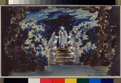 Engelbert Humperdinck (1854-1921) tarafından "Hansel ve Gretel" operası için hazırlık dekoru (Hansel ve Gretel operası için Sahne Tasarımı) - Mikhail Alexandrovich Vrubel (Vrubel) (1856-1910), kurşun kalem, suluboya ve guaj çalışması kağıtta by Mikhail Aleksandrovich Vrubel