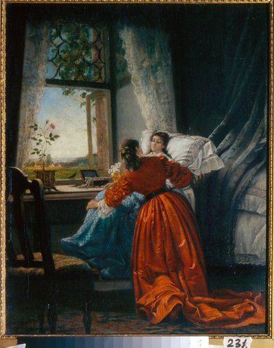 Hasta ziyareti (Hasta ziyareti) bir kadın, küçük bir kızı pencerenin yanına yerleştirilmiş bir koltuğa tıkıyor - Resim Mikhail Petrovich, Baron Klodt (1835-1914), bakır üzerine yağ by Mikhail Petrovich Klodt