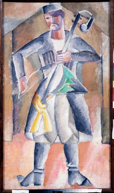 Müzisyen (Sas Müzisyeni) - Enstrümanıyla geleneksel kıyafetli bir müzisyenin portresi, bir yay ile çalınan iki gergin telli bir tür dikey hurdy-gurdy - Resim, Mikhail Vasilyevich Le Dantyu (1891-1917), tuval üzerine yağlıboya - Sanat rus by Mikhail Vasilevich Le Dantu