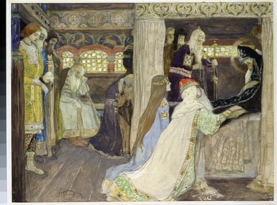 Büyük Dük Alexander Nevsky'nin (1220-1263) ölümü. (Büyük Dük Alexander Nevsky'nin Ölümü). Mikhail Vasilyevich Nesterov (1862-1942), kağıt üzerine suluboya ve guaj çalışması by Mikhail Vasilievich Nesterov