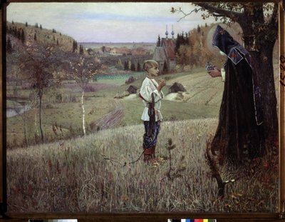 Genç Barthelemy'nin vizyonu. (Genç Bartholomew'in Vizyonu). Bir keşiş ile (1313-1392 civarında Saint Serge de Radonege veya Sergii Radonezhsky veya Sergey Radonezhsky veya Sergius de Radonezh olacak olan) genç Rus Barthelemy arasındaki buluşma. Boy by Mikhail Vasilievich Nesterov