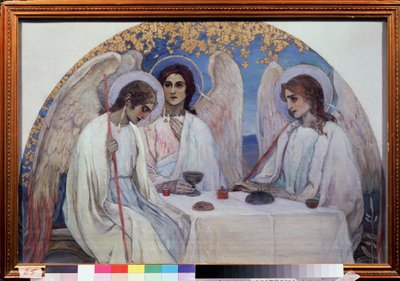 İbrahim'in misafirperverliği. Eski Ahit'in Üçlemesi. Chene de Mambre yakınlarında İbrahim'e görünen üç meleğin temsili. (İbrahim'in Misafirperverliği (Eski Ahit Trinity)) Mikhail Vasilyevich Nesterov (1862-1942), tuval üzerine yağlı boya. by Mikhail Vasilievich Nesterov