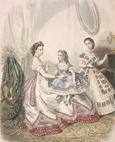İki kadın ve en son ev modasını giyen küçük bir kız, c1860 by Millia Lacouriere