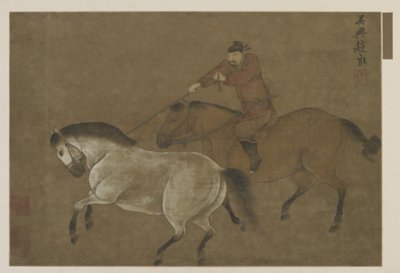 Bir atı kementleyen bir binici by Ming Dynasty Chinese School