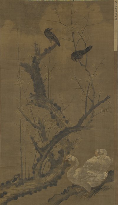 Mynahs, Kazlar ve Çiçekli Erik by Ming Dynasty Chinese School