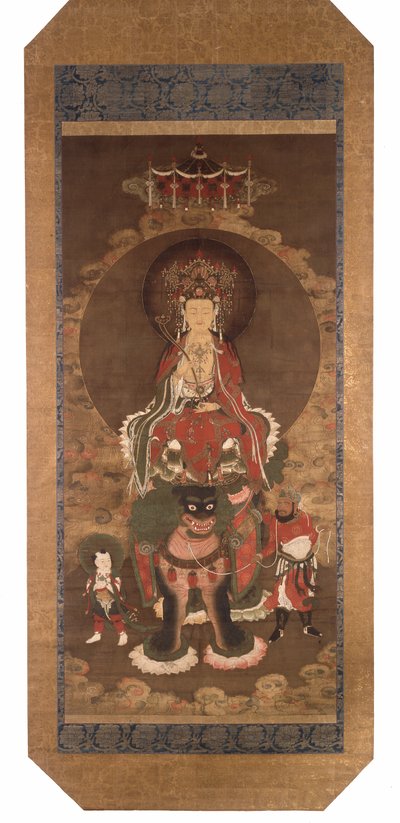 Aslan Üzerinde Bodhisattva Mañjusrî, 14. yüzyıl sonu (ipek üzerine mürekkep, renk ve altın pigment) by Ming Dynasty Chinese School