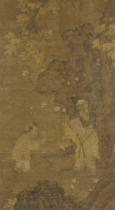 Bir aslan kuklasıyla oynayan iki erkek çocuk, 15.-16. yüzyıl by Ming Dynasty Chinese School